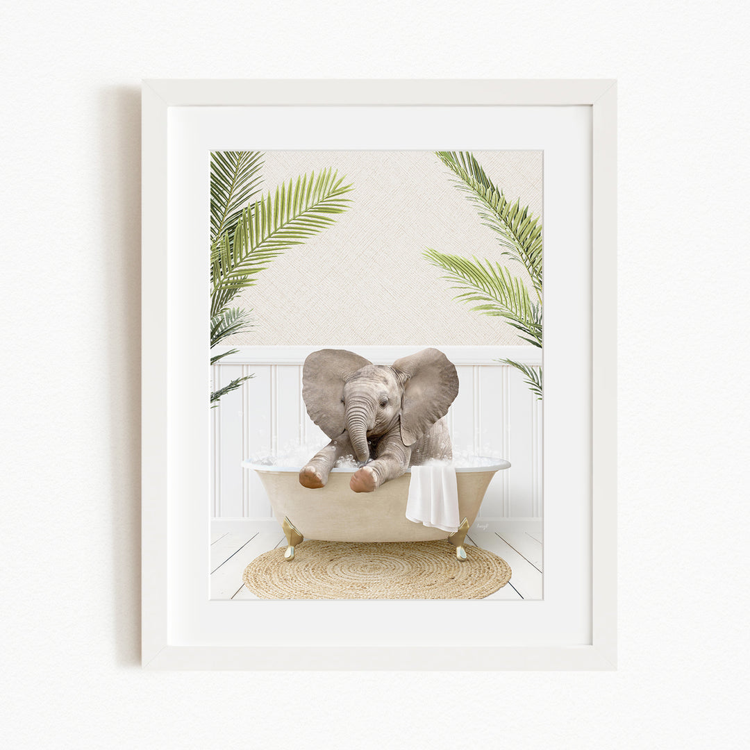 A baby elephant sitting in a bathtub, surrounded by palm leaves, creating a whimsical and playful scene.