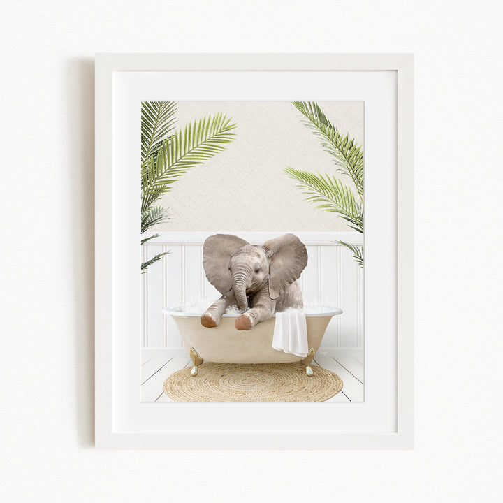 A baby elephant sitting in a bathtub, surrounded by palm leaves, creating a whimsical and playful scene.