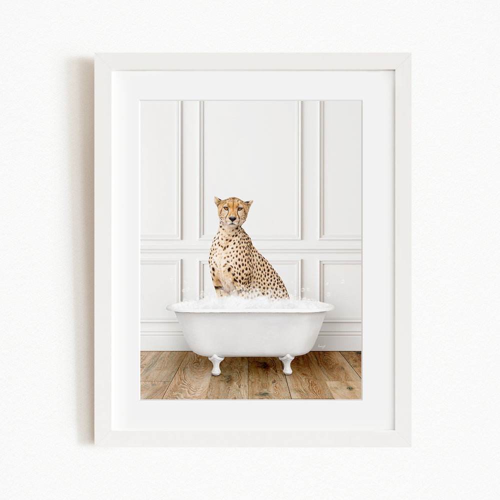 A cheetah sitting in a white bathtub filled with water, creating a playful and whimsical scene.