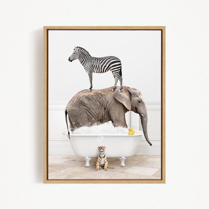 A zebra stands on the back of an elephant, which is submerged in a bathtub, while a tiger sits nearby.