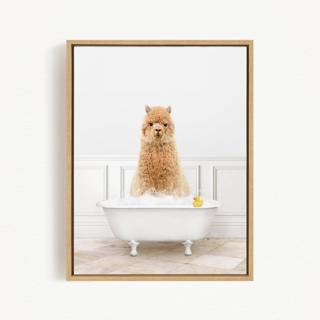 A fluffy brown dog is sitting in a white bathtub filled with bubbles, with a rubber duck floating in the water.