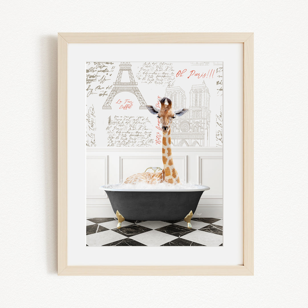 A giraffe standing in a bathtub filled with water, surrounded by a black and white checkered floor and a framed picture of the Eiffel Tower in the background.