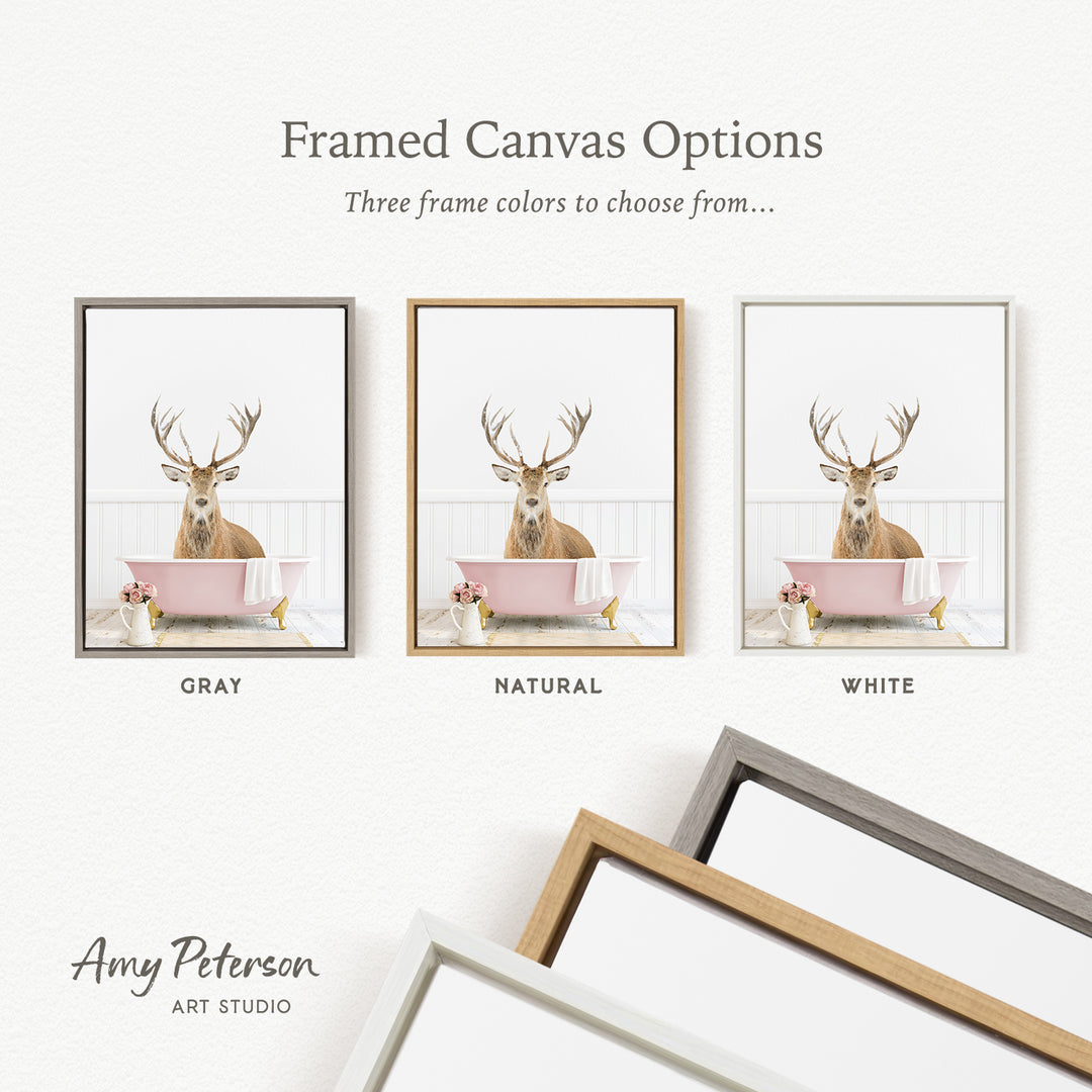 three framed canvas options, each featuring a deer with antlers in a different color: gray, natural, and white.