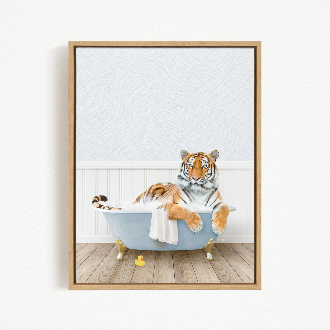 A tiger is sitting in a bathtub filled with water, surrounded by rubber ducks.