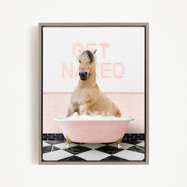 A horse sitting in a pink bathtub with a pink and white checkered floor, and a pink and white wall with the text "GET NAKED" written on it.