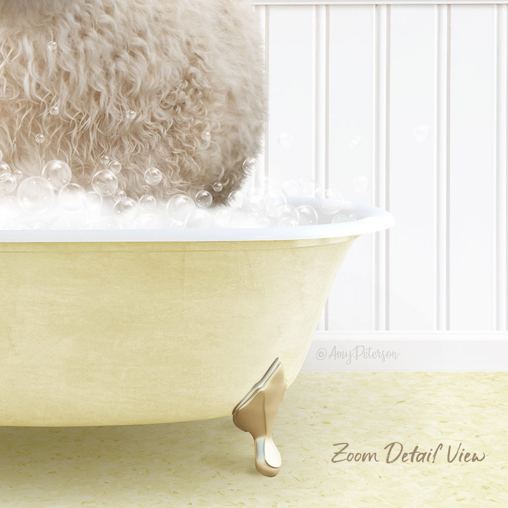 A fluffy white dog is sitting in a bathtub filled with bubbles, with a white wall and text overlay in the background.
