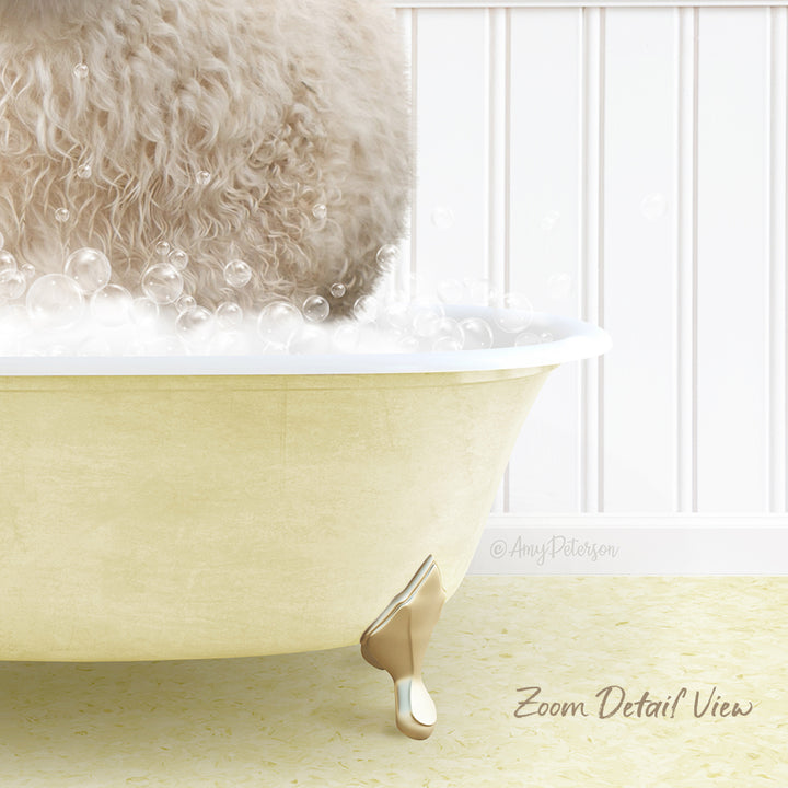 A fluffy white dog is sitting in a bathtub filled with bubbles, with a white wall and text overlay in the background.