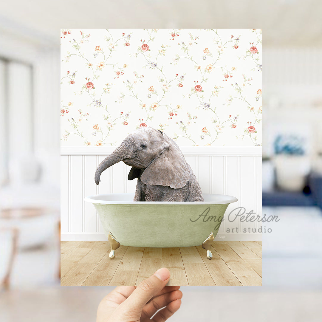 a person holding up a picture of an elephant in a bathtub