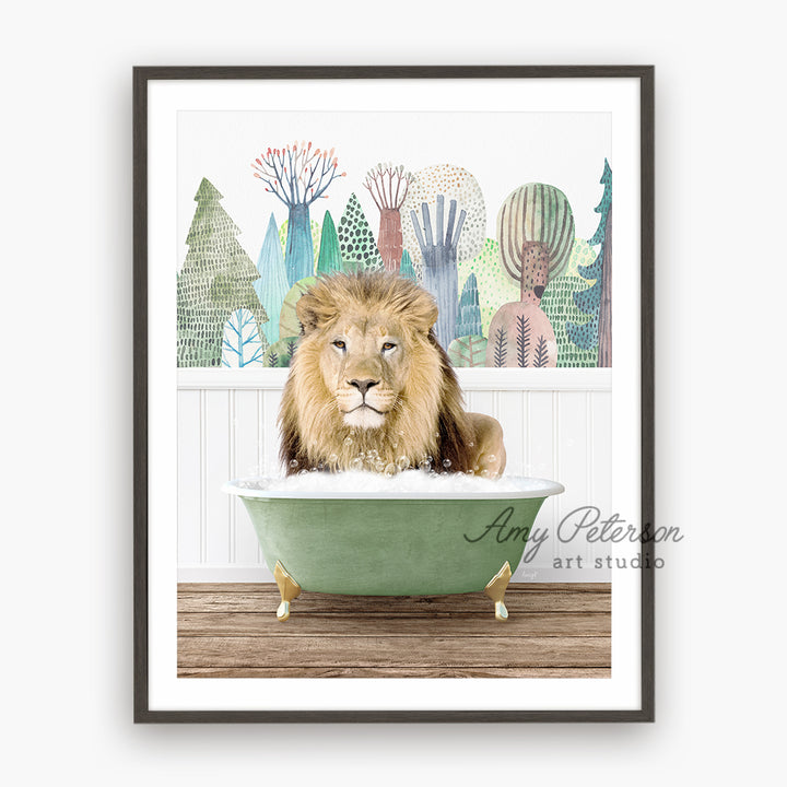 a picture of a lion sitting in a bathtub