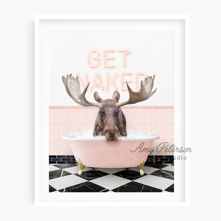 a picture of a moose in a bathtub with the words get naked above it