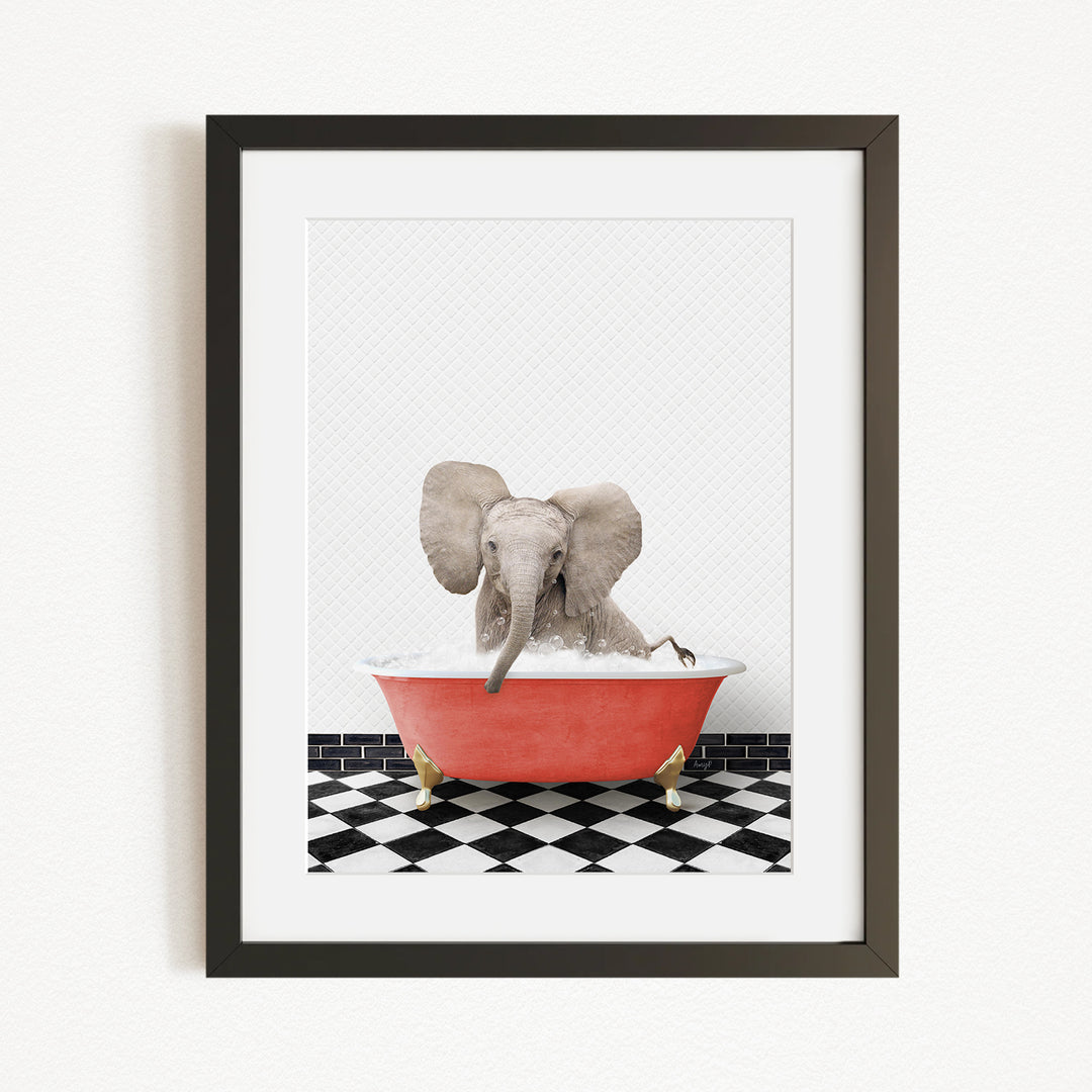 A gray elephant is sitting in a red bathtub filled with water, surrounded by a black and white checkered floor.