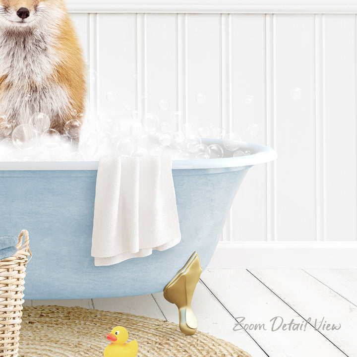 A dog is sitting in a blue bathtub filled with bubbles, surrounded by a yellow rubber duck and a white towel.