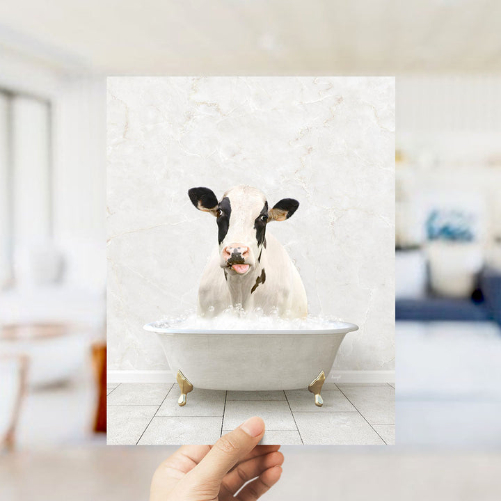 A cow is sitting in a bathtub filled with water, with bubbles around it, creating a whimsical and playful scene.