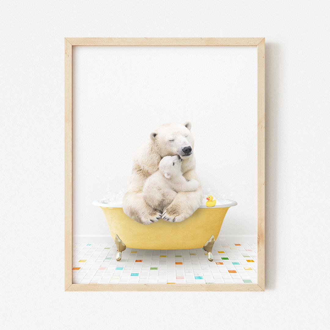 a picture of a polar bear and her cub in a bathtub