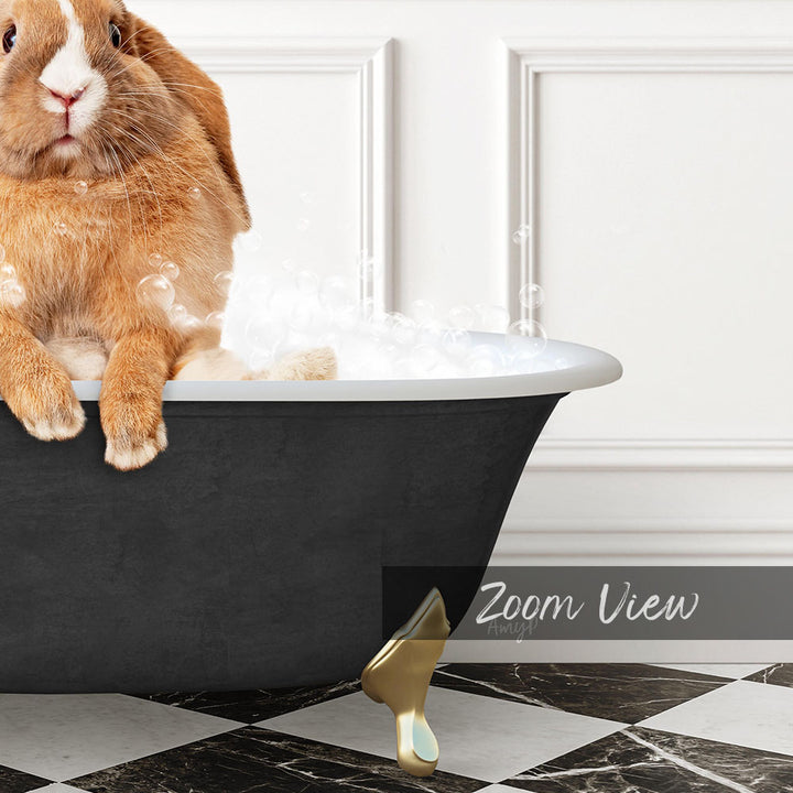 A brown rabbit sitting in a black bathtub filled with bubbles, with a white wall and checkered floor in the background.