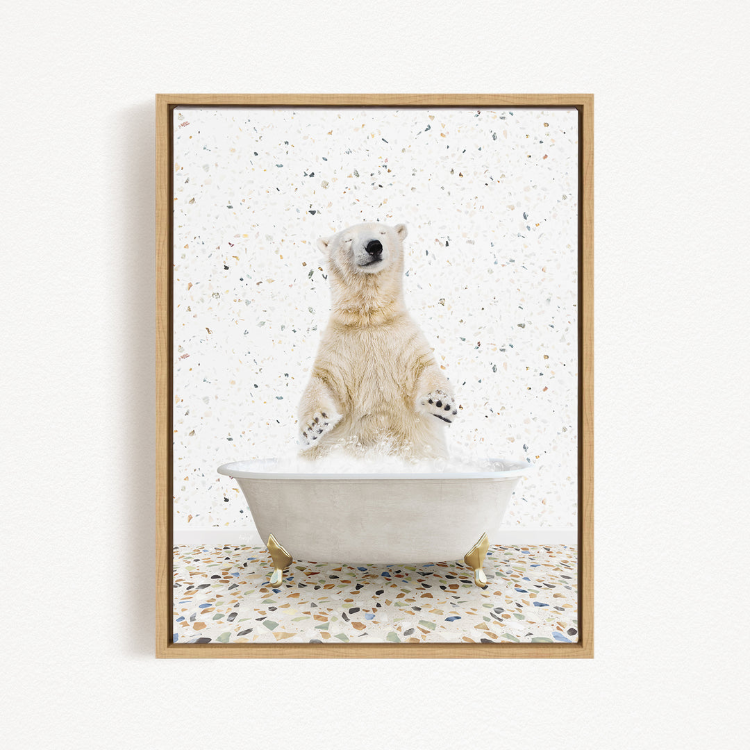 A polar bear standing in a bathtub filled with water, with a speckled background.