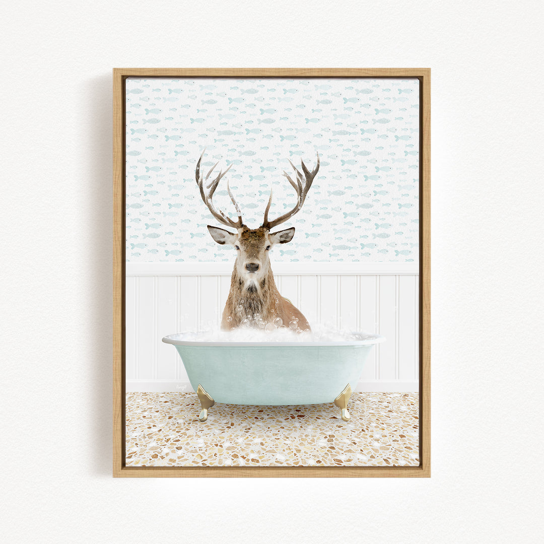 A deer with antlers is sitting in a bathtub filled with water, surrounded by a patterned wall.