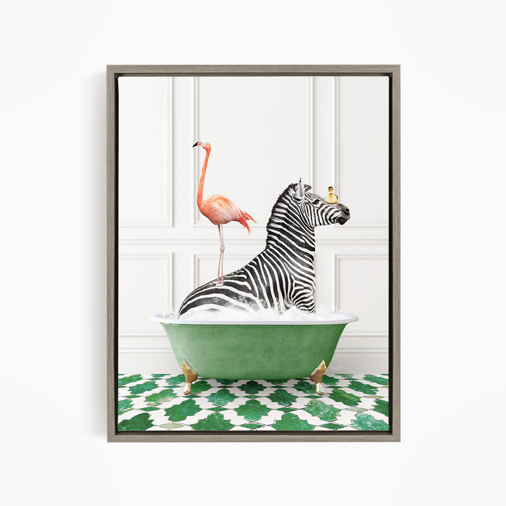 A zebra is sitting in a green bathtub, with a pink flamingo standing on its back and a yellow bird perched on its head.