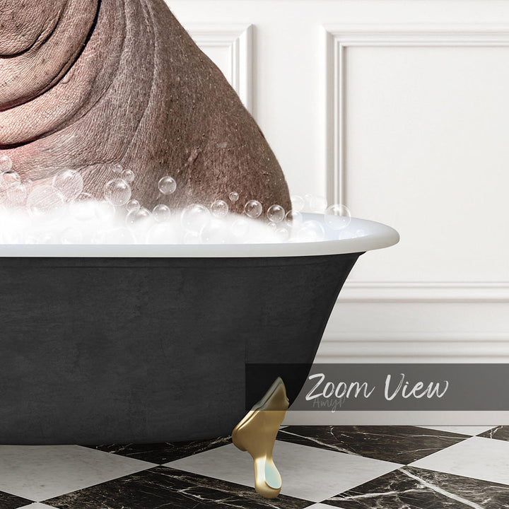 A bathtub filled with bubbles, with a gold bathtub faucet and a gold bathtub leg visible.