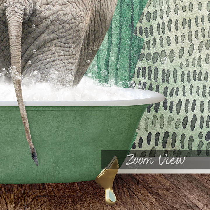 A large elephant is standing in a green bathtub filled with bubbles, with a patterned wall in the background.