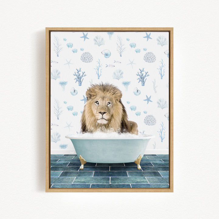 A lion is sitting in a bathtub filled with bubbles, surrounded by a blue and white patterned wall.