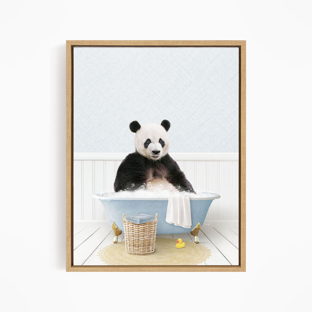 A panda bear sitting in a blue bathtub, surrounded by rubber ducks and a basket.