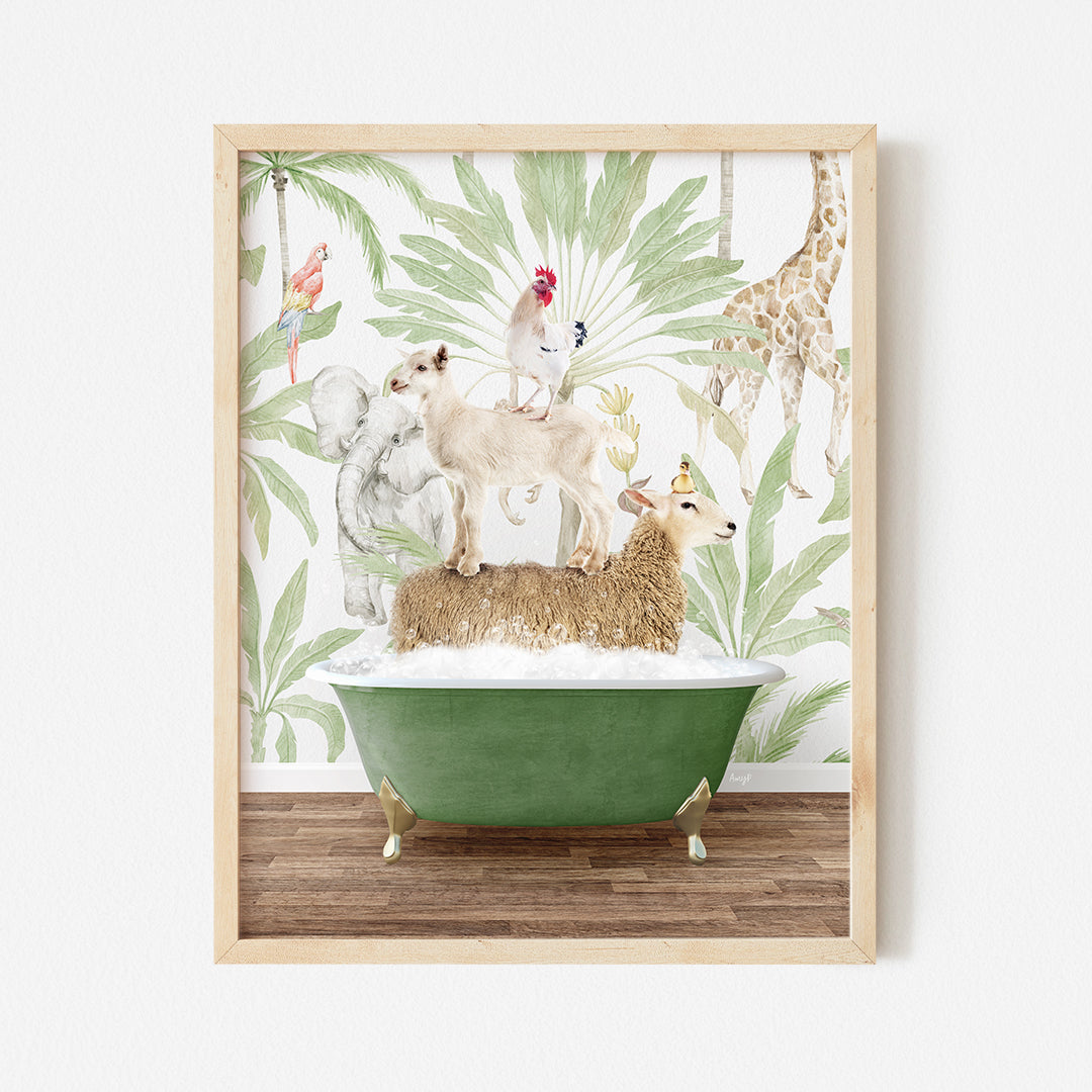 a painting of animals in a bathroom with a green bathtub