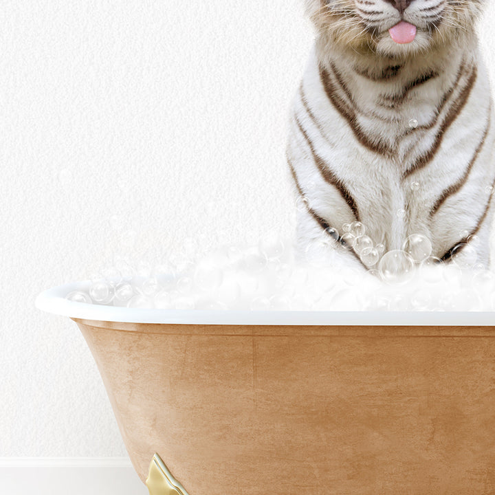 a white tiger sitting in a bathtub with bubbles