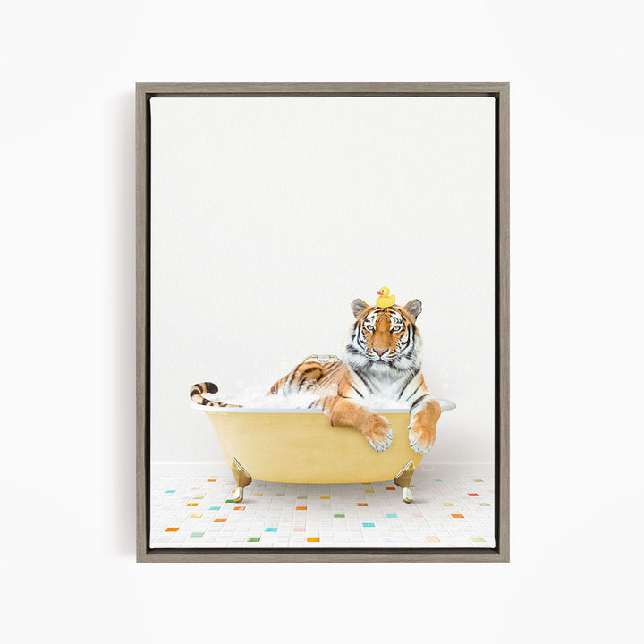 A tiger wearing a yellow crown is sitting in a yellow bathtub, surrounded by colorful tiles on the floor.