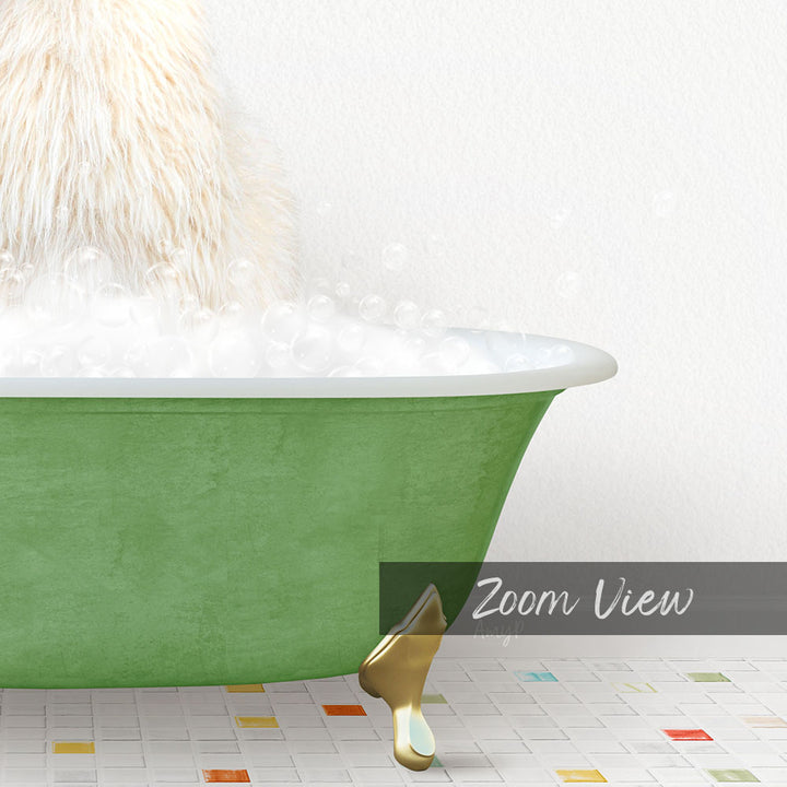 A green bathtub filled with bubbles, with a fluffy white object next to it, and a text overlay indicating a "Zoom View" of the image.