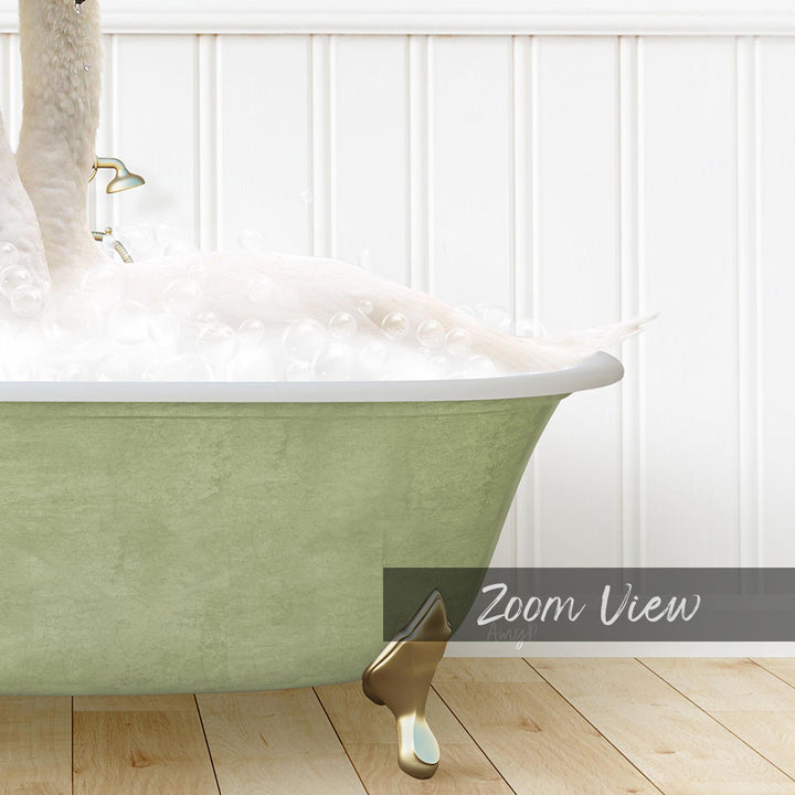 A green bathtub filled with bubbles, with a gold faucet and a gold claw-foot design on the side.