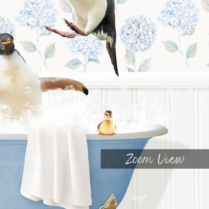 A baby duck sitting in a blue bathtub, surrounded by bubbles, with a penguin standing on its hind legs above the tub.