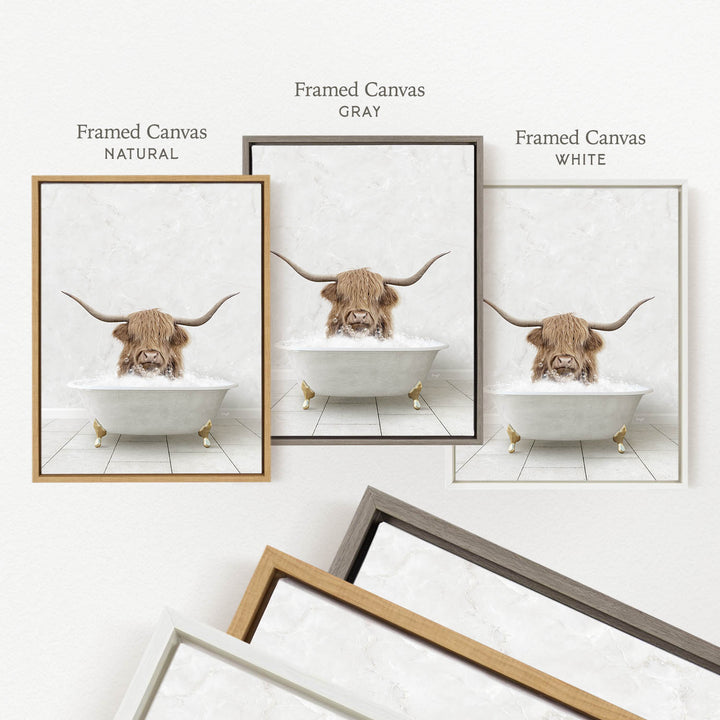 a framed canvas with a close-up of a horned animal, likely a yak or a similar animal, sitting in a bathtub filled with water. The image is labeled as a framed canvas in three different colors: natural, gray, and white.