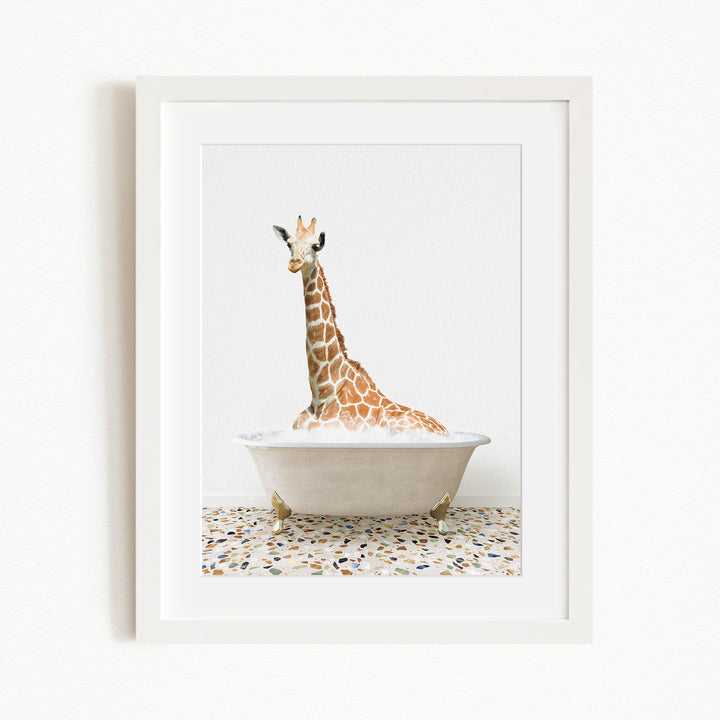 A giraffe is sitting in a white bathtub filled with water, creating a whimsical and playful scene.
