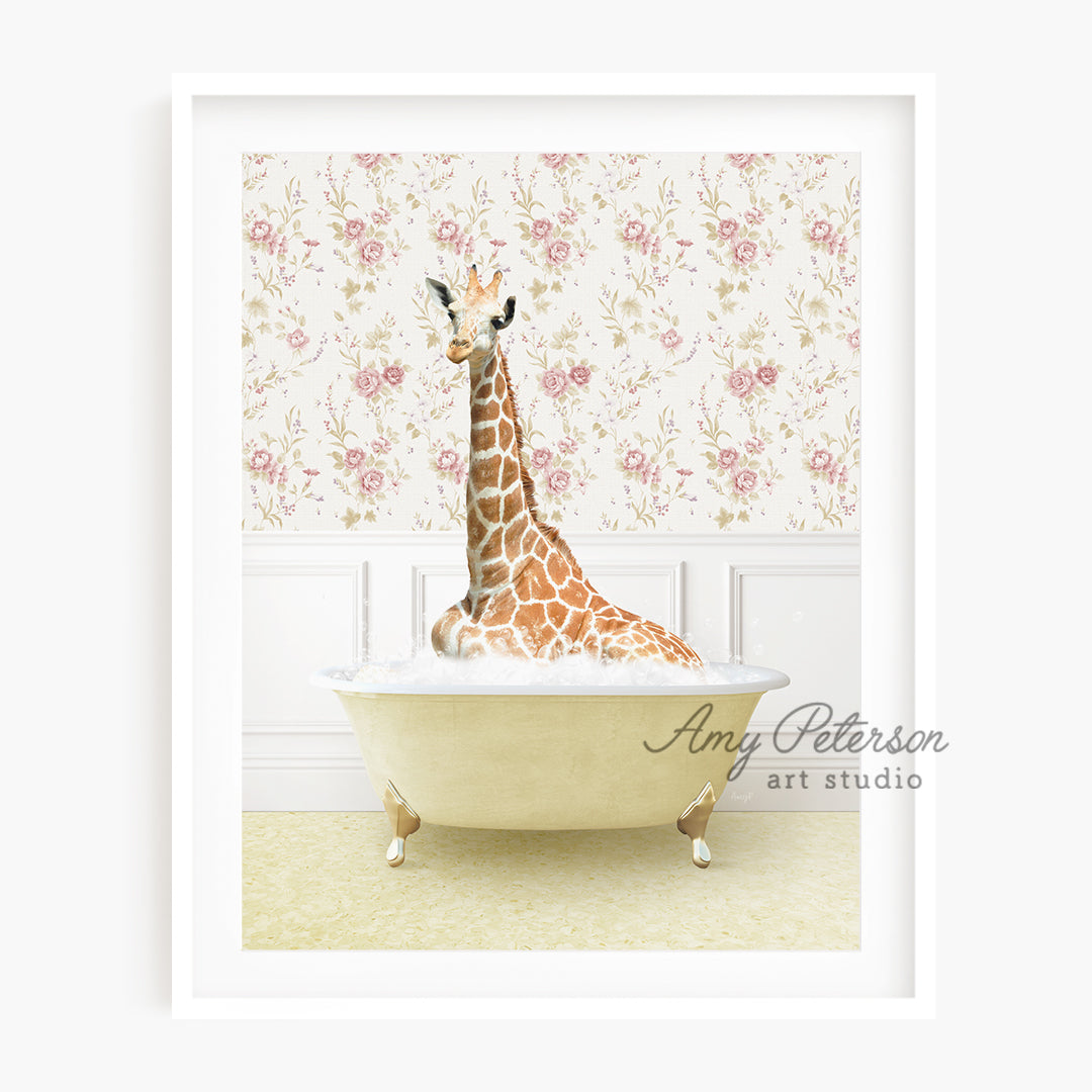 a giraffe sitting in a bathtub in a bathroom