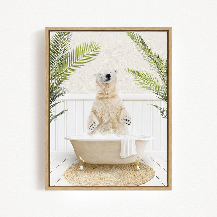A polar bear is sitting in a bathtub filled with water, surrounded by palm leaves, creating a whimsical and playful scene.