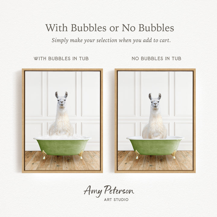 The image is a collage of two framed pictures, each featuring a white llama sitting in a green bathtub. The text above the images reads "With Bubbles or No Bubbles" and below the images, it says "Simply make your selection when you add to cart."