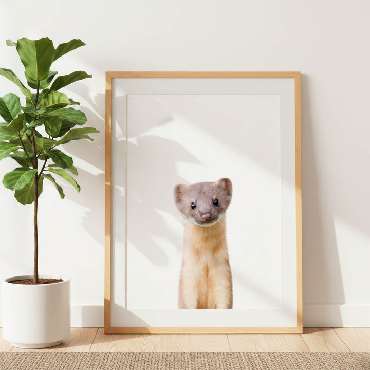 a small, furry animal, possibly a rodent or a similar creature, standing in a white frame and looking directly at the camera. The frame is placed on a wooden floor, and there is a potted plant to the left of the frame.