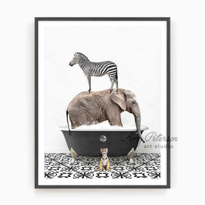 a picture of a zebra and an elephant in a bathtub