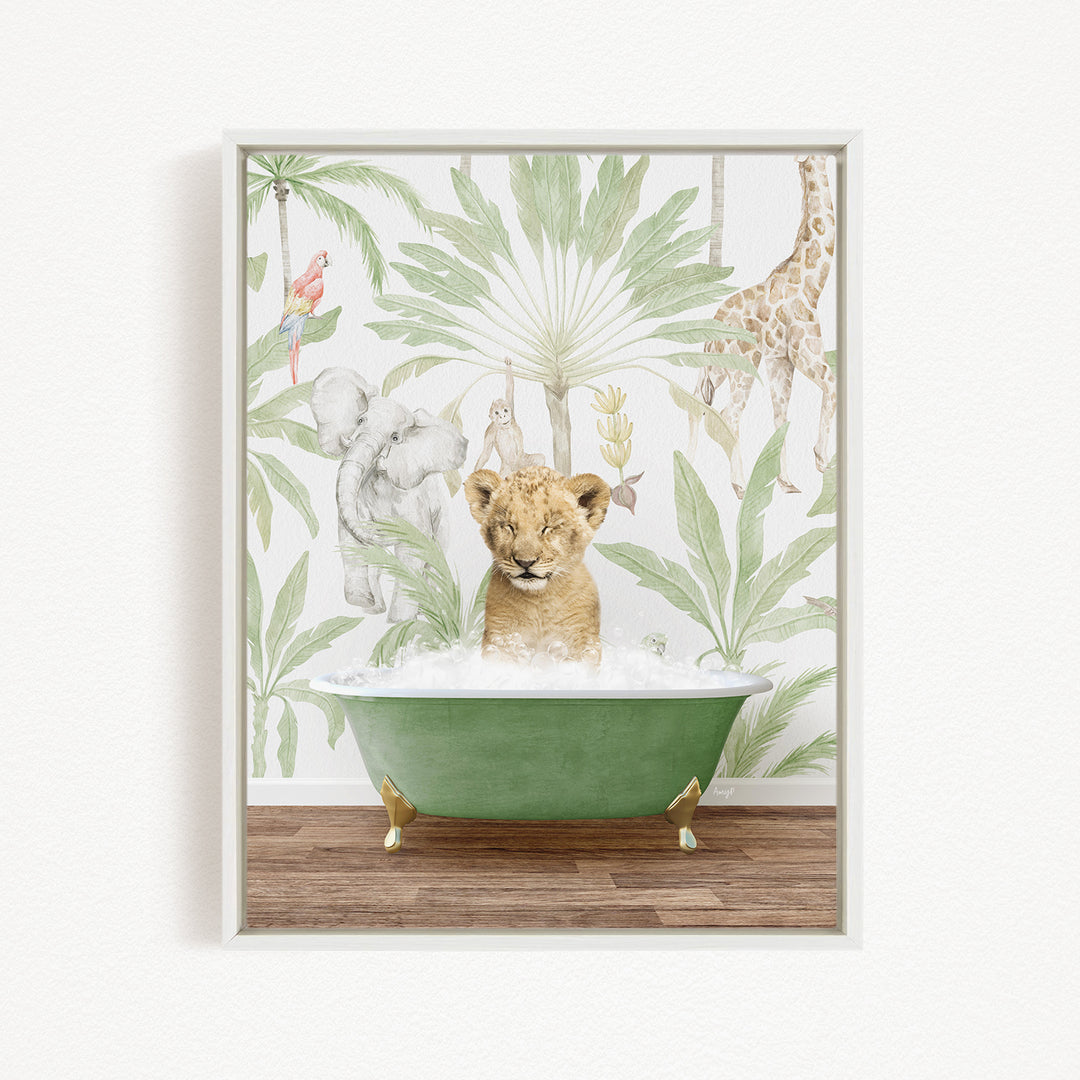 A young lion cub is sitting in a green bathtub filled with water, surrounded by various animals such as a giraffe, elephant, and parrot, all set against a tropical wallpaper backdrop.
