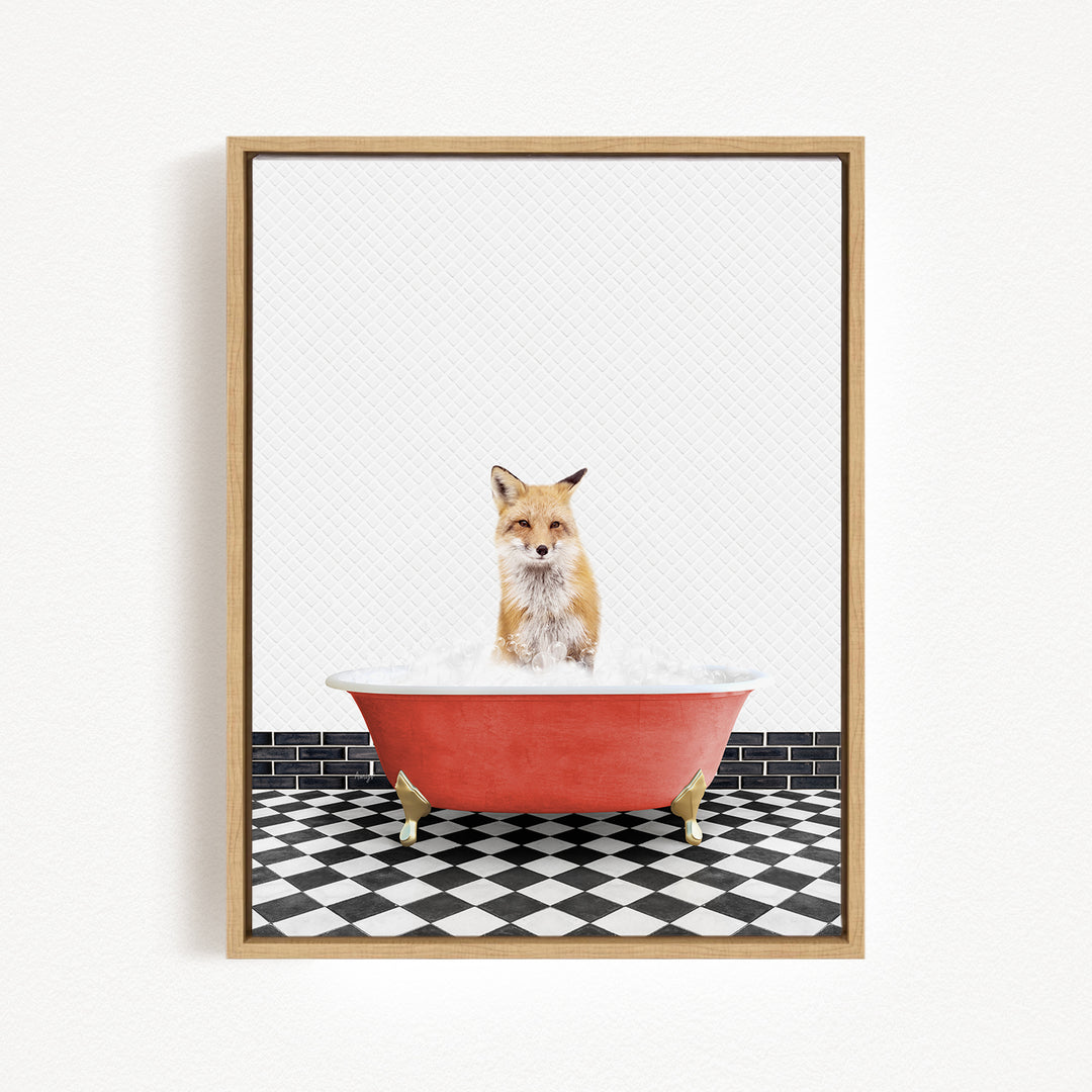 A fox is sitting in a red bathtub filled with water, surrounded by a black and white checkered floor.