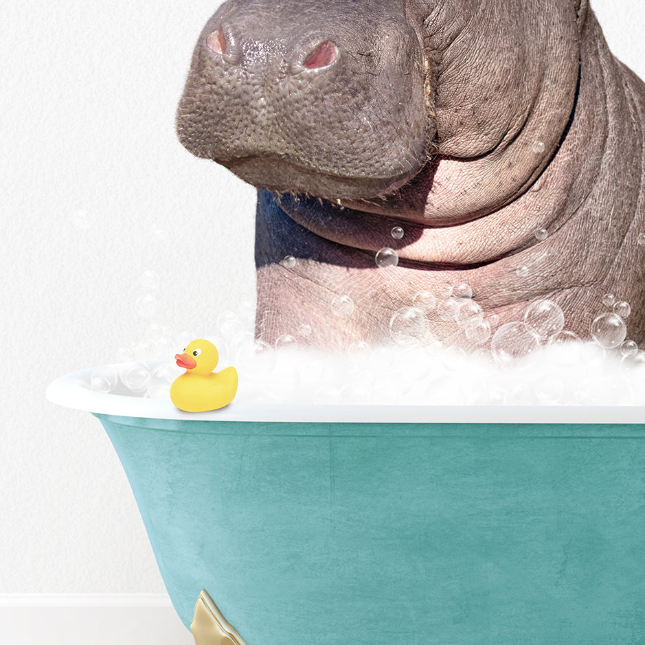 a hippopotamus sitting in a bathtub with bubbles and a rubber duck