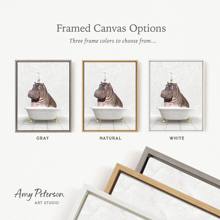 three framed canvas options, each featuring a different color: gray, natural, and white. The text above the images reads " framed Canvas Options" and "Three frame colors to choose from...". The text below the images reads " Amy Peterson ART STUDIO".