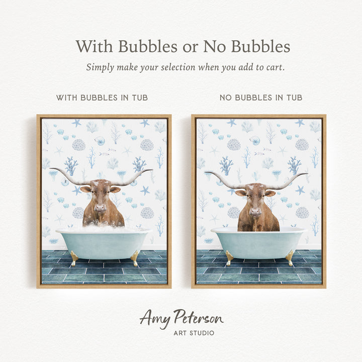 The image is a framed print featuring a bull with horns in a bathtub, with the text "With Bubbles or No Bubbles" and "With Bubbles in Tub" indicating the presence of bubbles in the tub.