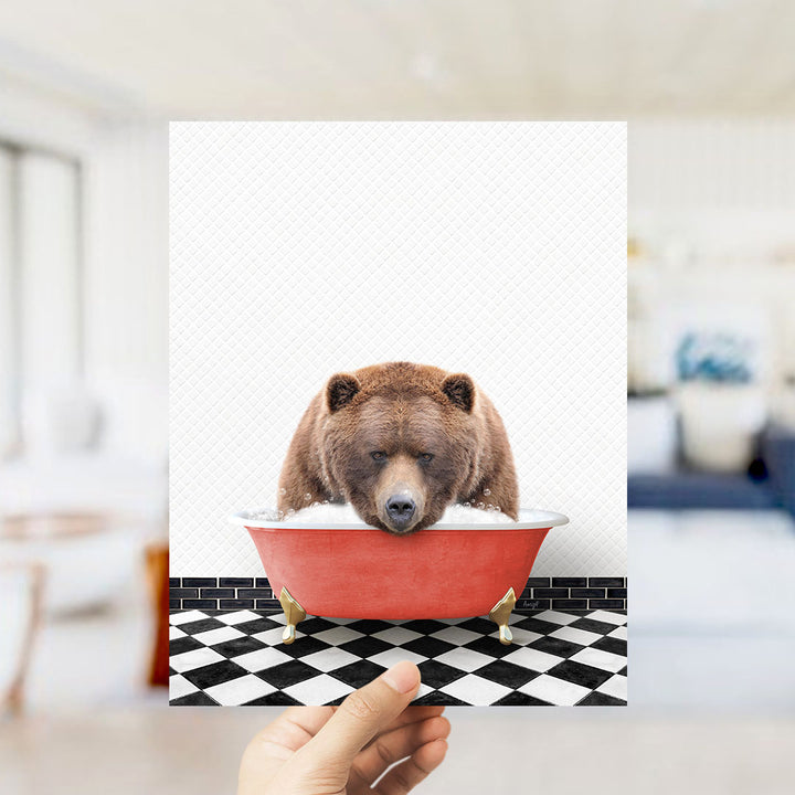A brown bear sitting in a red bathtub filled with water, with a black and white checkered floor in the background.