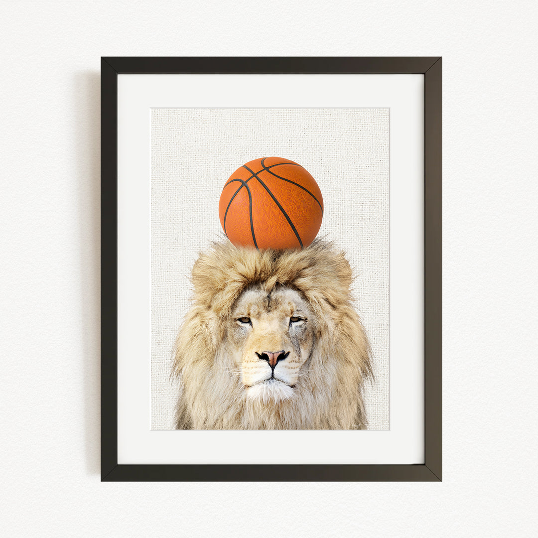 A framed image of a lion with a basketball on its head.