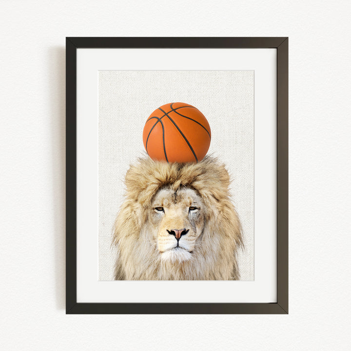 A framed image of a lion with a basketball on its head.