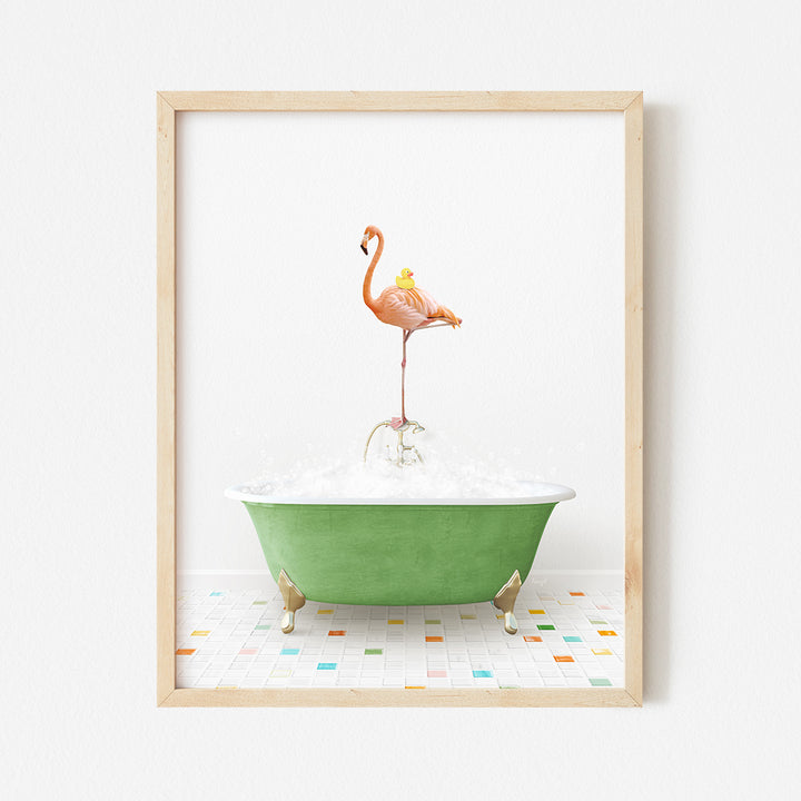 a pink flamingo standing on top of a green bath tub