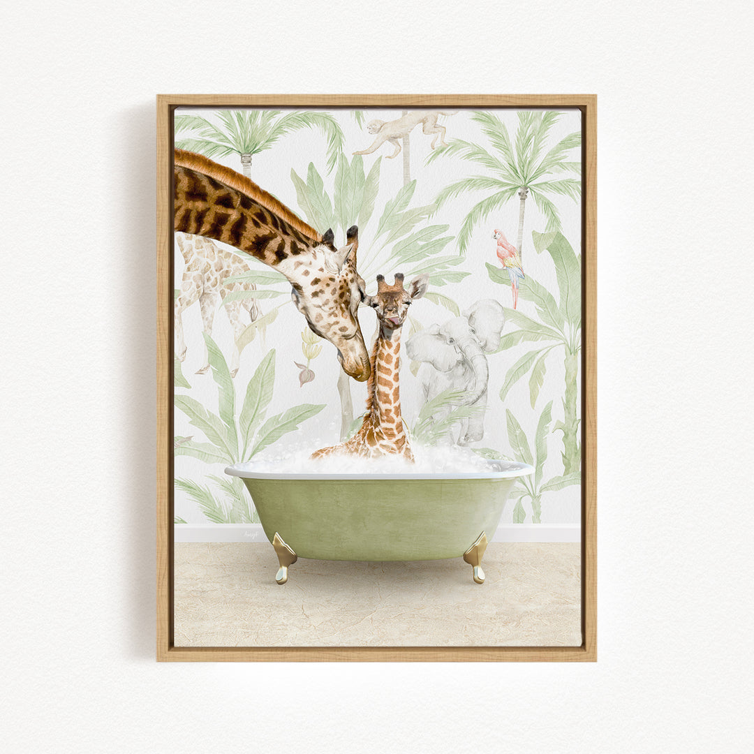 A giraffe and a baby giraffe are enjoying a bath together in a green bathtub, surrounded by a tropical jungle scene with palm trees and other wildlife.