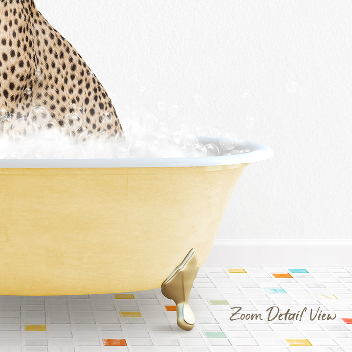 A leopard-print bathtub filled with bubbles, with a gold-colored claw resting on the edge.
